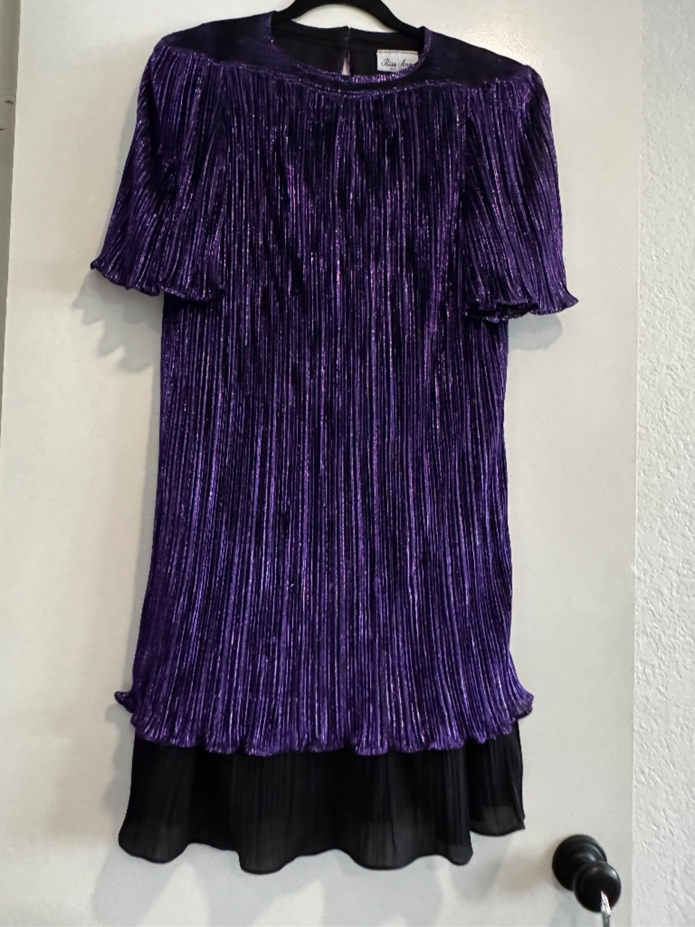 Risa Ann New York Purple Pleated Dress – Vintage Shimmer, Black Chiffon Hem